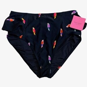 Kate Spade Parrot Print High Waisted Bikini Bottom Black Ruffle Small NWT